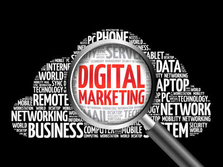 Digital marketing word cloud with magnifying glass, business conceptの写真素材