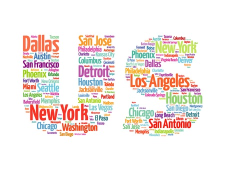 US letters with cities names words cloud, concept backgroundのイラスト素材
