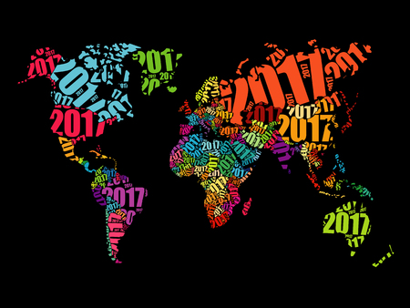 2017 Happy New Year, World Map in Typography word cloud collage conceptのイラスト素材