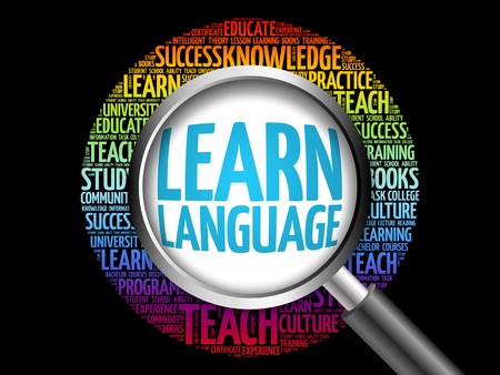 Learn Language word cloud with magnifying glass, education concept 3D illustrationの写真素材