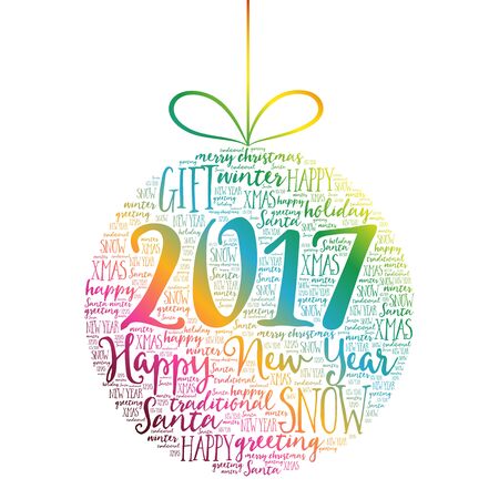 Happy New Year 2017, Christmas ball word cloud, holidays lettering collageのイラスト素材