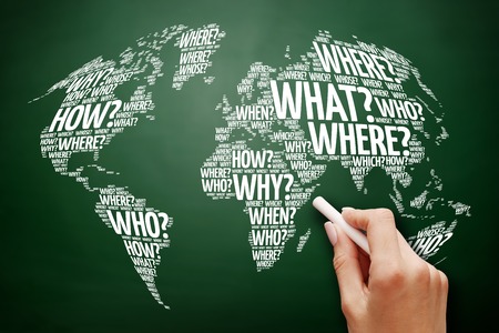 Question Words World Map in Typography word cloud, business concept on blackboardの写真素材