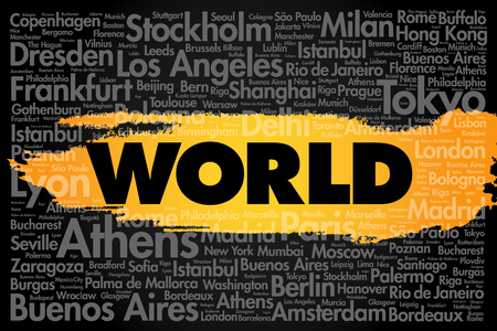 WORLD word cloud concept made with words cities names, business concept backgroundのイラスト素材