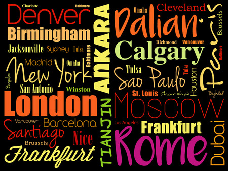 Cities in the world word cloud collage, travel destinations concept backgroundのイラスト素材