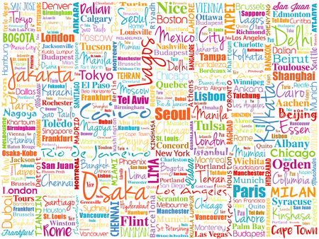 The largest cities in the world word cloud collage, travel destinations concept backgroundのイラスト素材