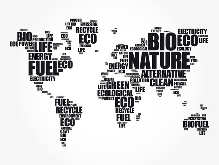 Ecology theme World Map in Typography word cloud, conceptual backgroundのイラスト素材
