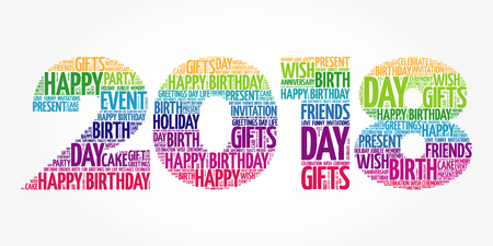 2018 New Year, Happy Birthday word cloud collage, holiday concept backgroundのイラスト素材