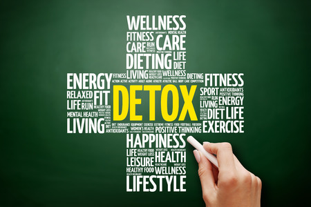 DETOX word cloud collage, health cross concept on blackboardの写真素材