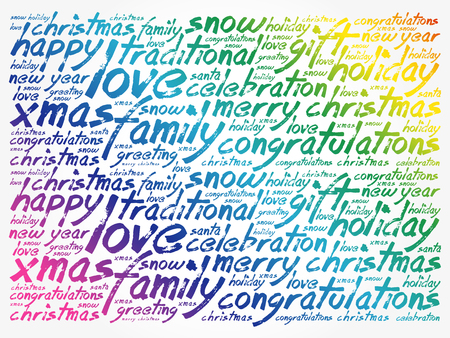 Happy Holidays and Christmas background word cloud, holidays lettering collageのイラスト素材