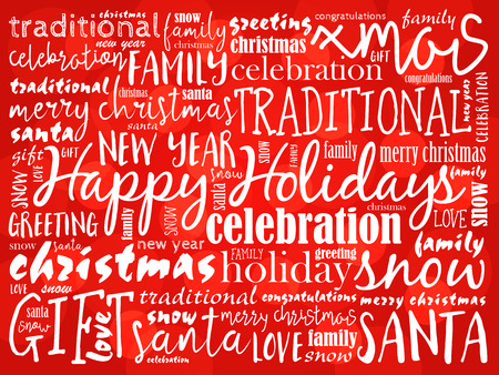Happy Holidays. Christmas background word cloud, holidays lettering collageのイラスト素材