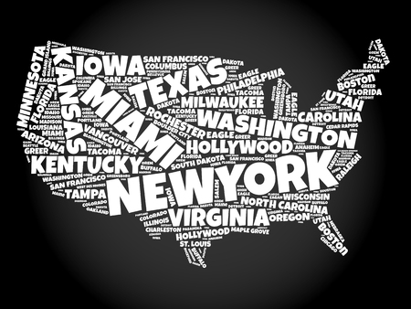 USA Map word cloud collage with most important citiesのイラスト素材