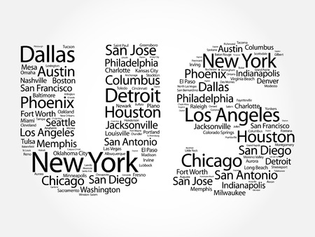 US letters with cities names words cloud, concept backgroundのイラスト素材