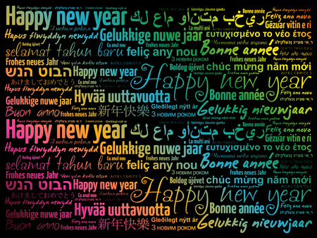 Happy New Year in different languages, celebration word cloud greeting cardのイラスト素材