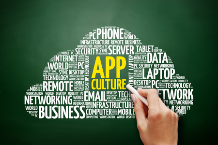 App Culture word cloud collage, technology business concept background on blackboardの写真素材