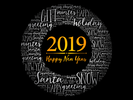 2019 Happy New Year. Christmas background word cloud, holidays lettering collageのイラスト素材