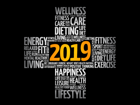2019 Goals Health word cloud, health cross conceptのイラスト素材