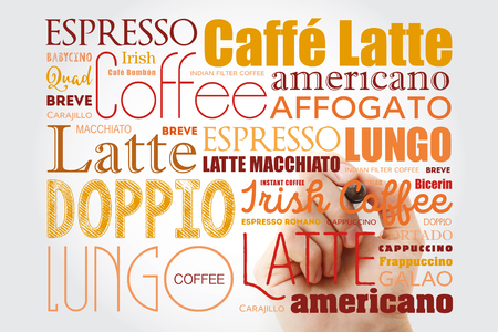 List of coffee drinks words cloud collage with marker, poster backgroundの写真素材