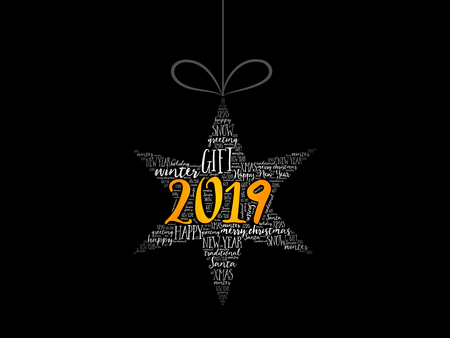 Happy New Year 2019, Christmas star word cloud, holidays lettering collageのイラスト素材