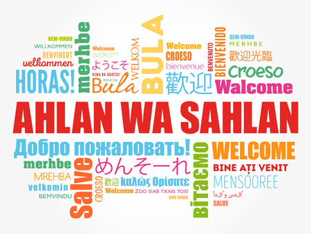 Ahlan Wa Sahlan (Welcome in Arabic) word cloud in different languages, conceptual backgroundのイラスト素材