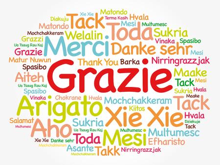 Grazie (Thank You in Italian) Word Cloud background, all languages, multilingual for education or thanksgiving dayのイラスト素材