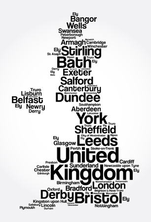 List of cities and towns in UNITED KINGDOM, map word cloud collage, business and travel concept backgroundのイラスト素材