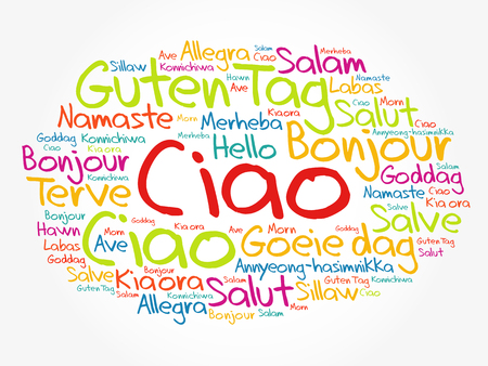 Ciao (Hello Greeting in Italian) word cloud in different languages of the world, background conceptのイラスト素材