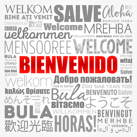Bienvenido , Welcome in Spanish, word cloud in different languages, conceptual backgroundのイラスト素材