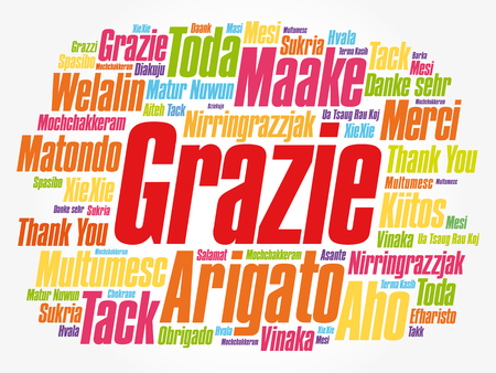 Grazie (Thank You in Italian) Word Cloud background, all languages, multilingual for education or thanksgiving dayのイラスト素材
