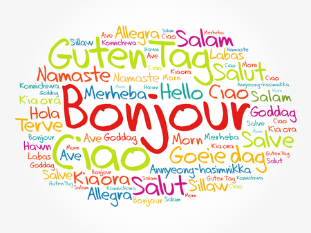 Bonjour (Hello Greeting in French) word cloud in different languages of the world, background conceptのイラスト素材