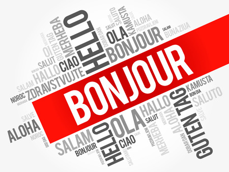 Bonjour (Hello Greeting in French) word cloud in different languages of the world, background conceptのイラスト素材