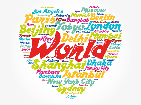 List of cities and towns in the WORLD composed in love sign heart shape, word cloud collage, business and travel concept backgroundのイラスト素材
