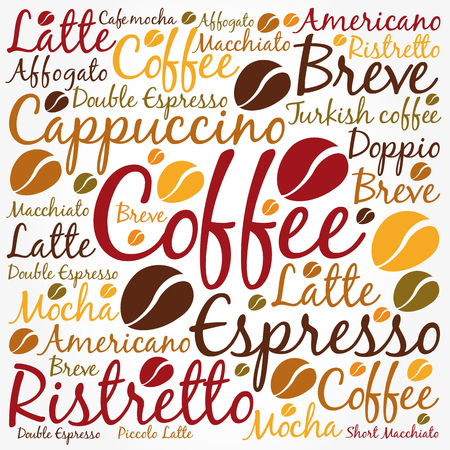 List of coffee drinks words cloud collage, poster backgroundのイラスト素材
