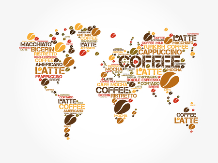 Coffee drinks word cloud in World Map, concept backgroundのイラスト素材