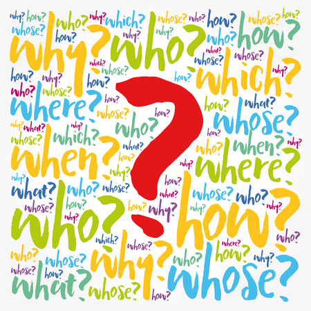 Question mark - Questions whose answers are considered basic in information gathering or problem solving, word cloud backgroundのイラスト素材