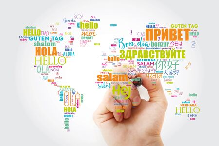 Hello in different languages word cloud World Map, business concept backgroundの写真素材