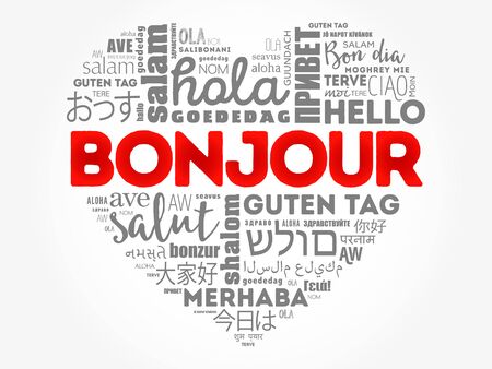 Bonjour (Hello Greeting in French) heart word cloud in different languages of the worldのイラスト素材