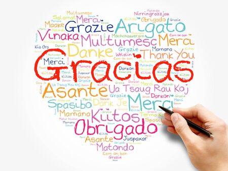 Gracias (Thank You in Spanish) love heart Word Cloud in different languages of the worldの写真素材