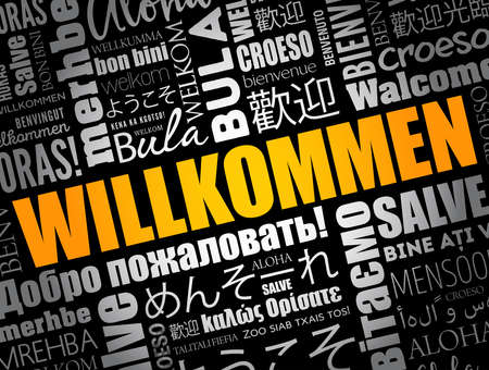 Willkommen (Welcome in German) word cloud in different languages, conceptual backgroundのイラスト素材