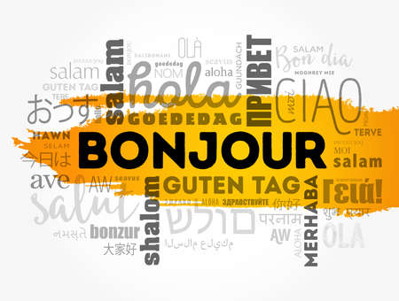 Bonjour (Hello Greeting in French) word cloud in different languages of the world, background conceptのイラスト素材