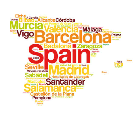 List of cities and towns in SPAIN, map word cloud collage, business and travel concept background