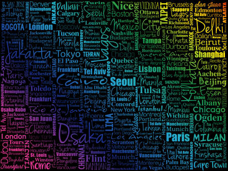 Cities of the world, travel destinations word cloud concept, business backgroundのイラスト素材