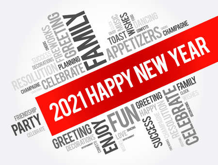 2021 Happy New Year greeting word cloud collage, Happy New Year celebration greeting cardのイラスト素材