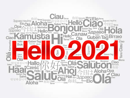 Hello 2021 word cloud in different languages of the world, background conceptのイラスト素材