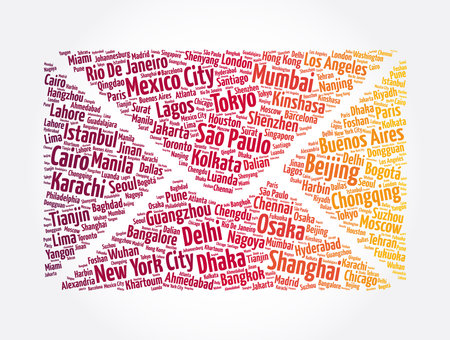 Cities of the world, travel destinations mail word cloud concept, business backgroundのイラスト素材