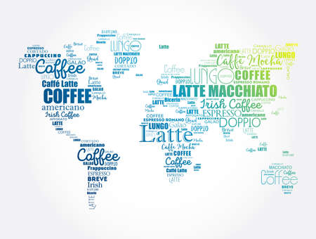 Coffee drinks word cloud in shape of World Map, concept backgroundのイラスト素材