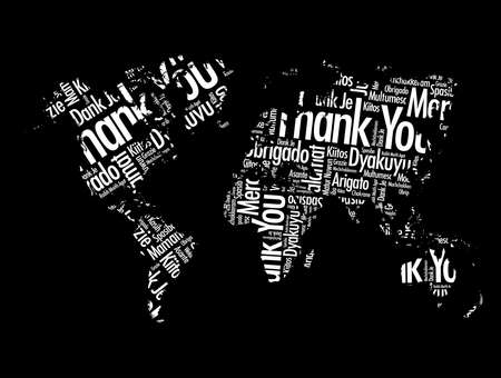 Thank You in different languages word cloud in shape of World Map, concept backgroundのイラスト素材
