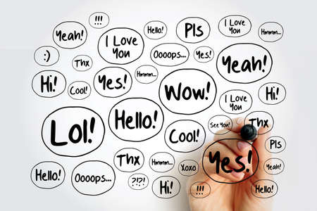 Most common used acronyms and abbreviations speech bubbles, word cloud background with marker