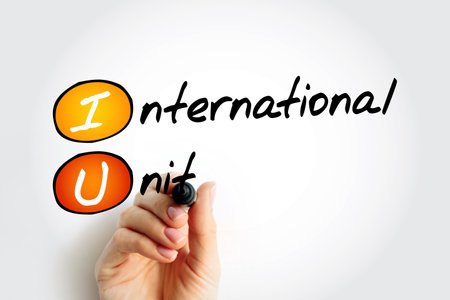 IU International Unit - amount of a substance that has a certain biological effect, acronym text concept with markerの写真素材