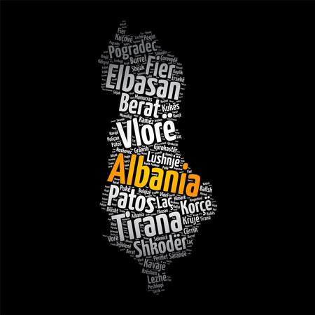 List of cities and towns in Albania, map word cloud collage, business and travel concept backgroundのイラスト素材