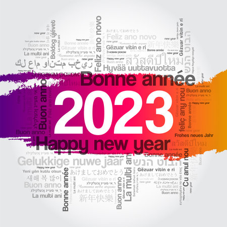 2023 Happy New Year in different languages, celebration word cloud greeting card